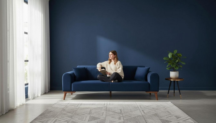 Elegante blo Dräisëtzer Couch Sofa Stuff Sëtzmiwwel Samett