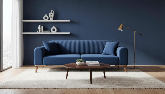 Elegante blo Dräisëtzer Couch Sofa Stuff Sëtzmiwwel Samett