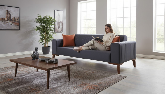 Grau Dräisëtzeger Canapé Elegant Sofa Sëtzmiwwel Wunnzëmmer Samt