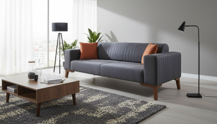 Grau Dräisëtzeger Canapé Elegant Sofa Sëtzmiwwel Wunnzëmmer Samt