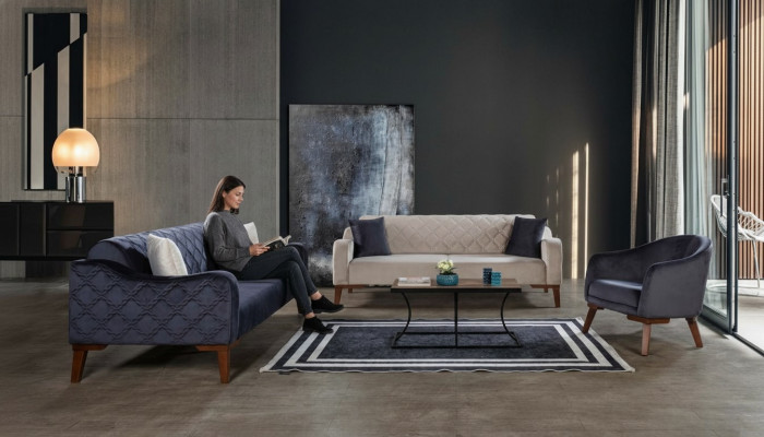 Wunnzëmmer Sofagarnitur Sofa 3+3+1 Blo Polsterset Fauteuil Textil