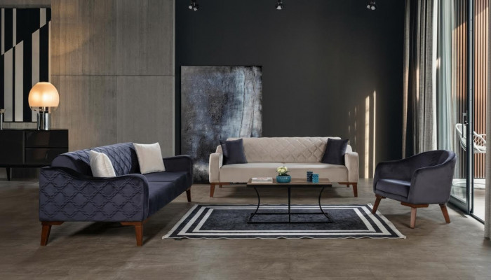 Wunnzëmmer Sofagarnitur Sofa 3+3+1 Blo Polsterset Fauteuil Textil