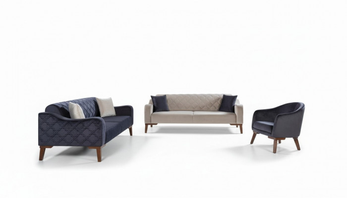 Wunnzëmmer Sofagarnitur Sofa 3+3+1 Blo Polsterset Fauteuil Textil