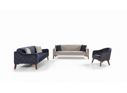 Wunnzëmmer Sofagarnitur Sofa 3+3+1 Blo Polsterset Fauteuil Textil