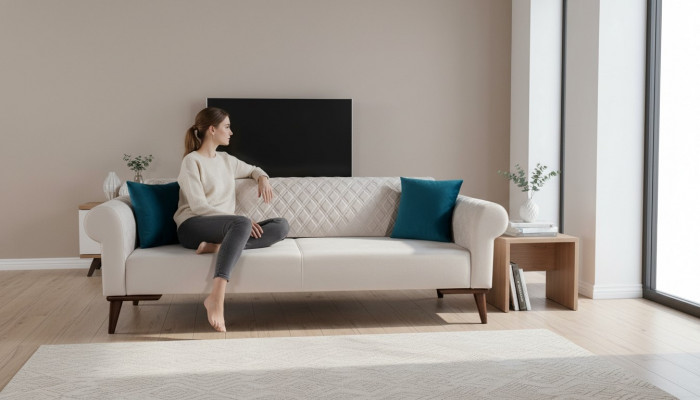 Beige dräisëtzeger Couch Elegante Sofa Sëtzmiwwel Wunnzëmmer Samt