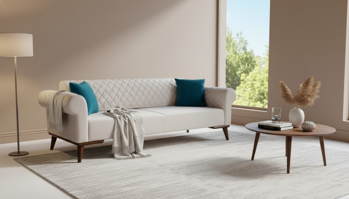 Beige dräisëtzeger Couch Elegante Sofa Sëtzmiwwel Wunnzëmmer Samt