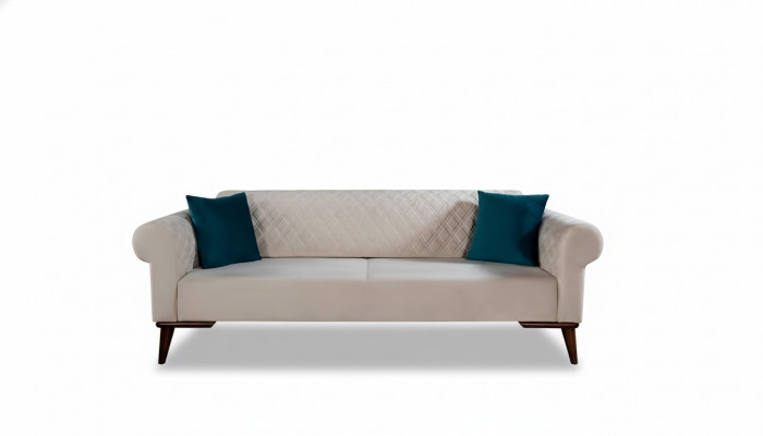 Beige dräisëtzeger Couch Elegante Sofa Sëtzmiwwel Wunnzëmmer Samt