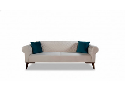 Beige dräisëtzeger Couch Elegante Sofa Sëtzmiwwel Wunnzëmmer Samt