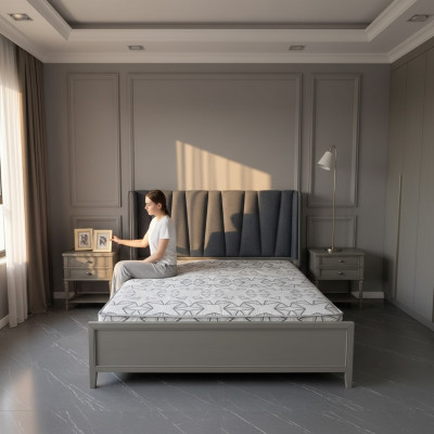 Design Schlofzëmmer 3-Teile Set: Bett, 2x Nuechtkommoden, Betten Set Holz Nuechtkommodi Grau