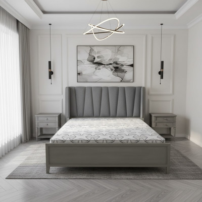 Design Schlofzëmmer 3-Teile Set: Bett, 2x Nuechtkommoden, Betten Set Holz Nuechtkommodi Grau