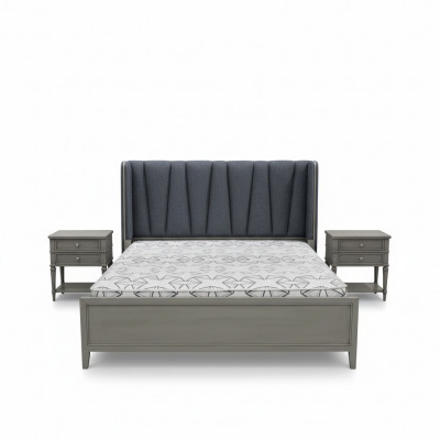 Design Schlofzëmmer 3-Teile Set: Bett, 2x Nuechtkommoden, Betten Set Holz Nuechtkommodi Grau