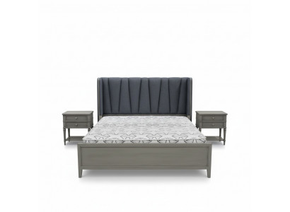 Design Schlofzëmmer 3-Teile Set: Bett, 2x Nuechtkommoden, Betten Set Holz Nuechtkommodi Grau
