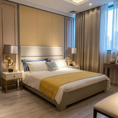 Bett Duebelbett Better Miwwelen Ariichtung Schlofkummer Design Stoff Textil nei