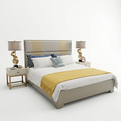 Bett Duebelbett Better Miwwelen Ariichtung Schlofkummer Design Stoff Textil nei