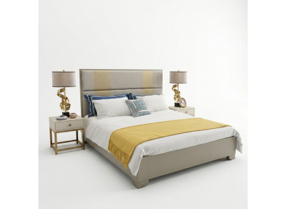 Bett Duebelbett Better Miwwelen Ariichtung Schlofkummer Design Stoff Textil nei