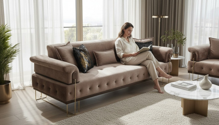 Luxus Drësëtzer brong Canapé 3 Sëtzer Canapéën Design Moderne Design Miwwelen