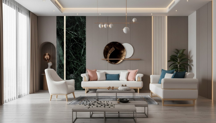 Modern Sofagarnitur 3+3+1 Sëtzer Garnitur Set Sofaen Fauteuil Holz mat Textil