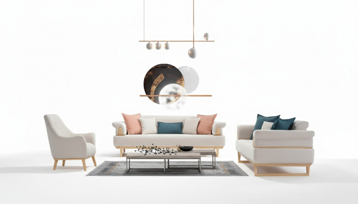 Modern Sofagarnitur 3+3+1 Sëtzer Garnitur Set Sofaen Fauteuil Holz mat Textil