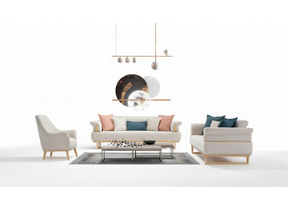 Modern Sofagarnitur 3+3+1 Sëtzer Garnitur Set Sofaen Fauteuil Holz mat Textil