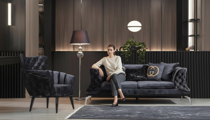 Schwaarz Couch Canapé Garnitur 3+1 Sëtz Chesterfield Wunnzëmmer Polster