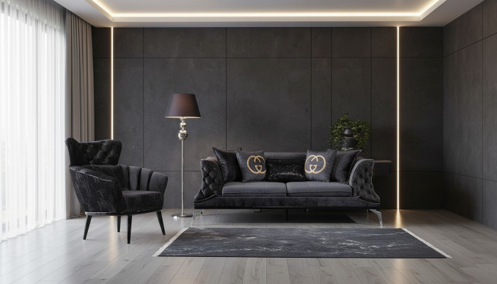 Schwaarz Couch Canapé Garnitur 3+1 Sëtz Chesterfield Wunnzëmmer Polster
