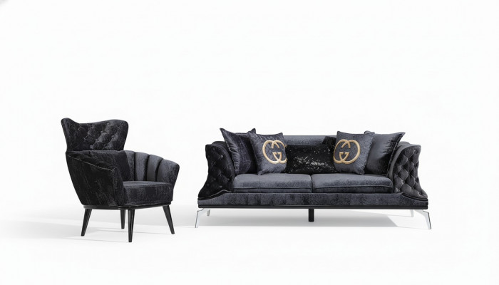 Schwaarz Couch Canapé Garnitur 3+1 Sëtz Chesterfield Wunnzëmmer Polster