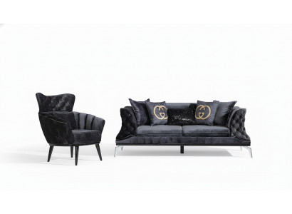 Schwaarz Couch Canapé Garnitur 3+1 Sëtz Chesterfield Wunnzëmmer Polster
