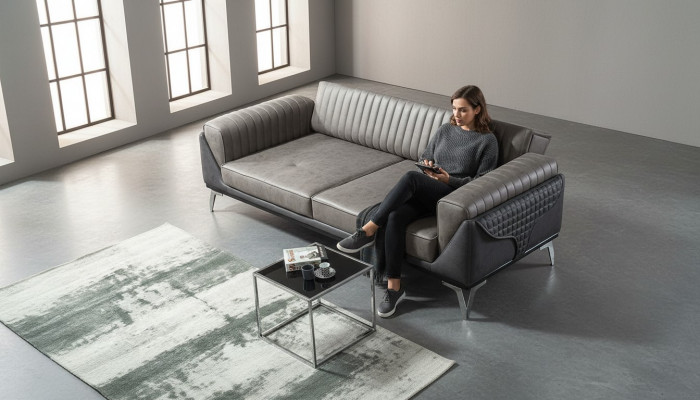 Sofa 3 Sëtzer Couch Holz Miwwelen Sofaen Couch Holz Liederimitation 240cm