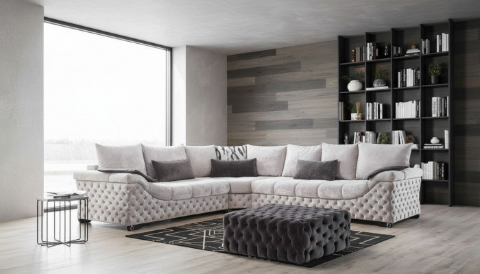 Ecksofa Beige Design Couch Holz mat Textil Wunnzëmmer L Form Sofas Nei