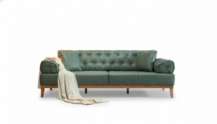 Chesterfield Canapé 3 Sëtz Canapéen Dräisëtzer Gréng Nei Textil Holz 220cm