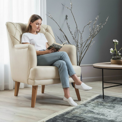 Wunnzëmmer Fotell Miwwelen Modern Stoff Lounge Textil Kënschtlech Lieder beige