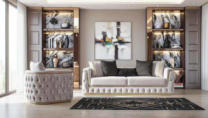 Luxus Chesterfield Canapé-Set 3+1 Sëtz Canapé Polsterméiwer Samt Gold