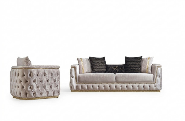 Luxus Chesterfield Canapé-Set 3+1 Sëtz Canapé Polsterméiwer Samt Gold