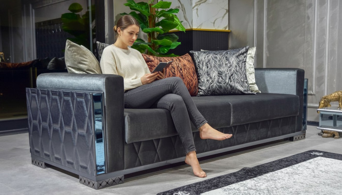 Sofa 3 Plazen Luxus Miwwelen Wunnzëmmer Dräisëtzer Grau Metall mat Textil