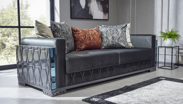 Sofa 3 Plazen Luxus Miwwelen Wunnzëmmer Dräisëtzer Grau Metall mat Textil