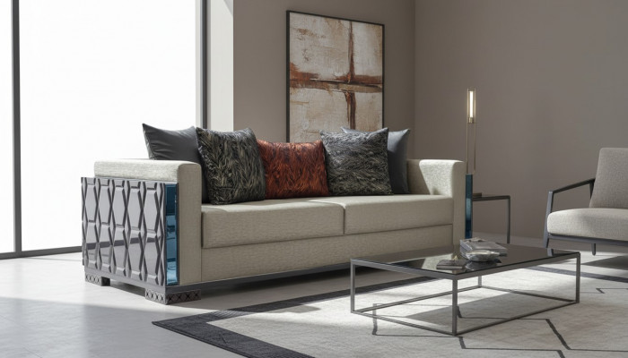 Dräisëtzer Luxus Sofa 3 Sëtz Sofas Sëtz Design brong Metall mat Textil