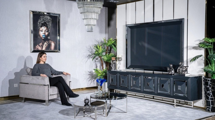 Set TV Stand Fauteuil Canapé Dësch Kleng Dësch Wunnzëmmer 5tlg gro nei