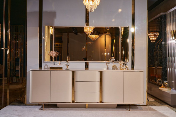 Wunnzëmmer Kommoud Spigel Material Holz mat Metall Stil Modern Béiž