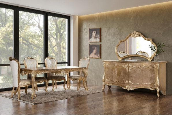 Iesszëmmer Iessdësch Stull Grupp Garnitur Set Holz Dësch Kommoud Spigel Set 7tlg