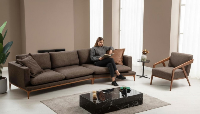 Canapé Ecksofa Wunnzëmmer Canapé Stoff Luxus Eckel-Form Holz Stil Modern Miwwelen Neit