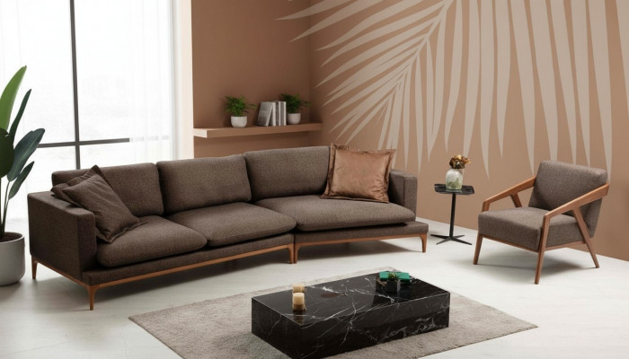 Canapé Ecksofa Wunnzëmmer Canapé Stoff Luxus Eckel-Form Holz Stil Modern Miwwelen Neit