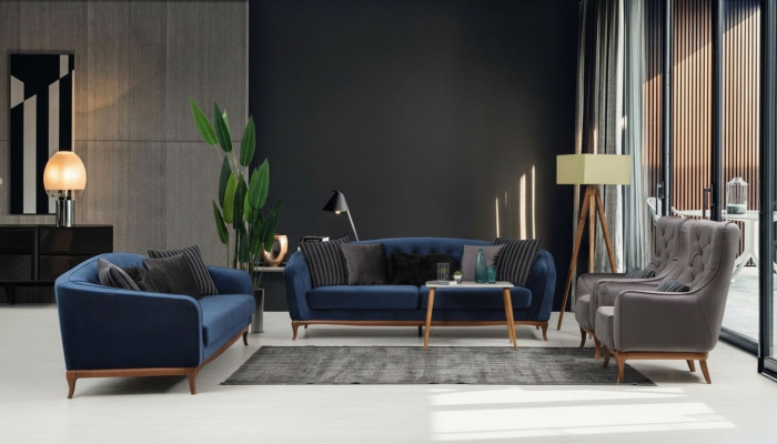 Chesterfield Garnitur Sofagarnitur Luxus Sofa 4+3+1 Sëtzer Grupp Stoff