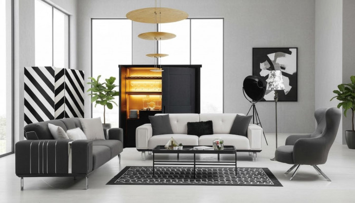 Sofa Garnitur Luxus Canapé Set 3+3+1 Sëtz Sofa Sesselen Stoff Design Miwwelen Nei