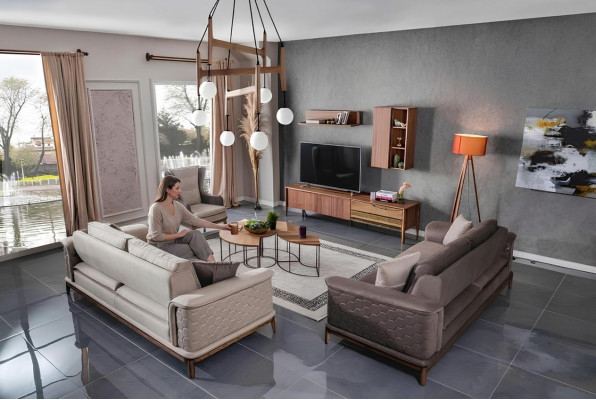 Garnitur Sofagarnitur Luxus 3+3+1 Sëtzer Sofa Stoff Fauteuil Sofaen Modern Braun