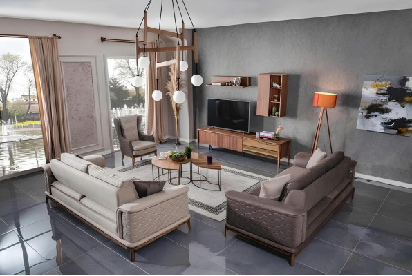 Garnitur Sofagarnitur Luxus 3+3+1 Sëtzer Sofa Stoff Fauteuil Sofaen Modern Braun