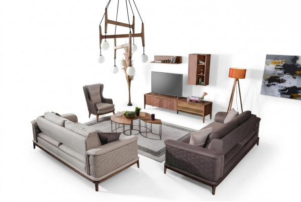 Garnitur Sofagarnitur Luxus 3+3+1 Sëtzer Sofa Stoff Fauteuil Sofaen Modern Braun