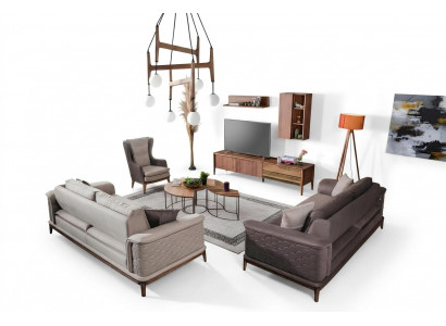 Garnitur Sofagarnitur Luxus 3+3+1 Sëtzer Sofa Stoff Fauteuil Sofaen Modern Braun