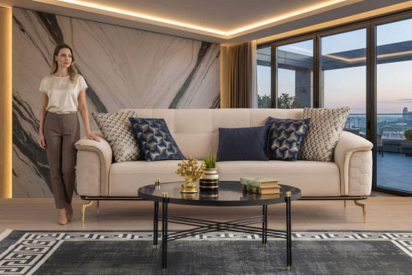 Dräisaz Sofas, 3-Saz Luxus Sofas, Wunnzëmmer Miwwelen, Ariichtung Stoff Design