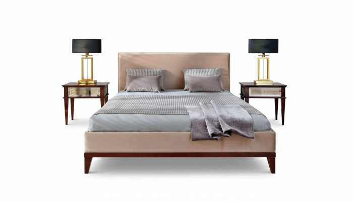Modern brong-béigen Schlofzëmmer Luxusbett Holz Duebelbett Nei