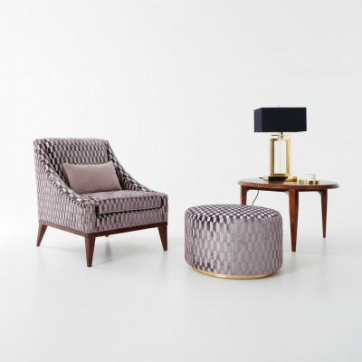 Wunnzëmmer Garnitur Fotell Couchdësch Pouf Modern Sëtz Bezuch Holz 3-Teile Set